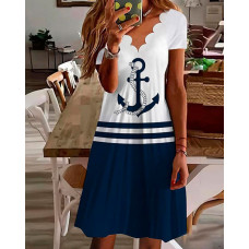 Anchor Print Striped Scallop Trim Casual Dress - white