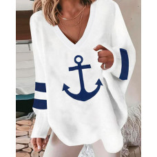 Anchor Print Striped V-Neck Top - white