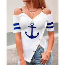 Anchor Print Zip Detail Split Hem Cold Shoulder Top - white