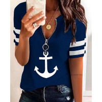 Anchor Print Zipper Front Short Sleeve T-shirt - purplish blue