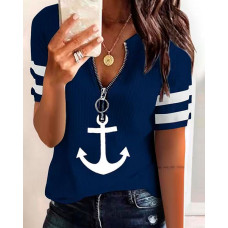 Anchor Print Zipper Front Short Sleeve T-shirt - purplish blue