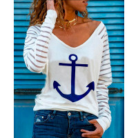 Anchor Striped Print Casual T-shirt - white