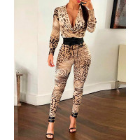 Animal Print Cowl Neck Skinny Jumpsuit - Leopard