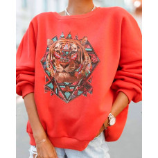 Animal Print Long Sleeve Drop Shoulder Sweatshirt - red