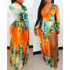 Animal Print Split Thigh Belted Maxi Dress - orange