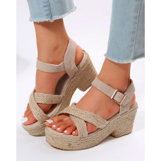 Ankle Strap Braided Espadrille Platform Chunky Heel Sandals - Apricot