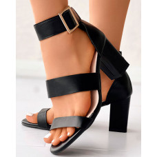 Ankle Strap Buckled Chunky Heel Sandals - black