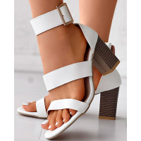 Ankle Strap Buckled Chunky Heel Sandals - white Ankle Strap Buckled Chunky Heel Sandals - white
