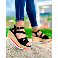 Ankle Strap Buckled Wedge Muffin Sandals - black