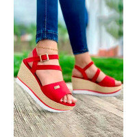 Ankle Strap Buckled Wedge Muffin Sandals - red