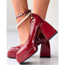 Ankle Strap Chunky Heels - Wine red