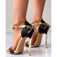 Ankle Strap Point Top Stiletto Heels - gold&black