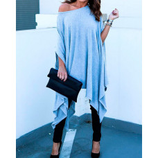 Asymmetric Batwing Sleeve Casual Blouse - blue,black