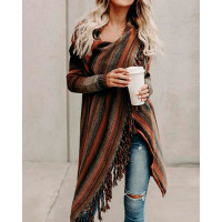 Asymmetric Pinstripes Tassel Sweater Cardigans - orange