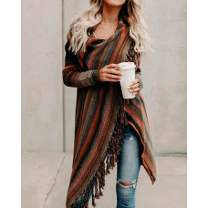 Asymmetric Pinstripes Tassel Sweater Cardigans - orange