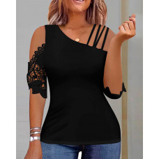 Asymmetrical Cold Shoulder Lace Patch Top - black