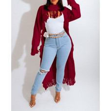 Asymmetrical Distressed Fringe Trim Longline Sweater - Wine red