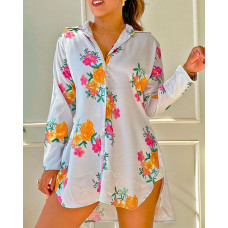 Asymmetrical Floral Print Buttoned Shirt Dress - white