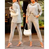 Asymmetrical Hem Long Sleeve Top & Pants Set - gray