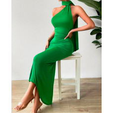 Asymmetrical Hem Ruched Backless Evening Dress - green