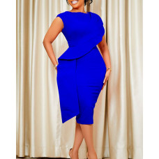 Asymmetrical Hem Ruched Bodycon Dress - blue