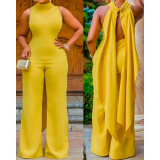 Asymmetrical Hem Wide Leg Jumpsuit - yellow