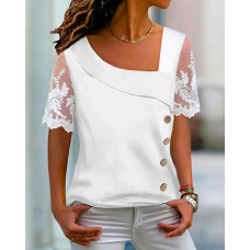 Asymmetrical Neck Buttoned Lace Patch Blouse - white