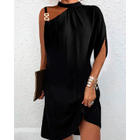 Asymmetrical Neck Chain Decor Casual Dress - black