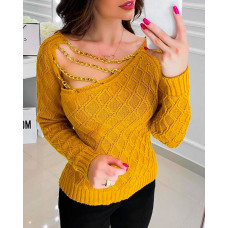 Asymmetrical Neck Chain Strap Knit Sweater - dark yellow