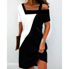 Asymmetrical Neck Colorblock Casual Dress - black