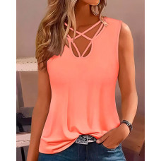 Asymmetrical Neck Crisscross Tank Top - pink