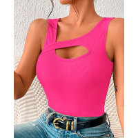 Asymmetrical Neck Cutout Tank Top - hot pink