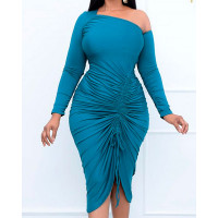 Asymmetrical Neck Drawstring Ruched Bodycon Dress - turquoise blue