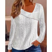 Asymmetrical Neck Eyelet Embroidery Casual Top - white