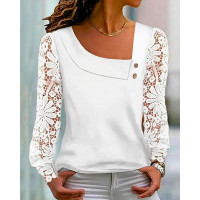 Asymmetrical Neck Lace Patch Buttoned Top - white