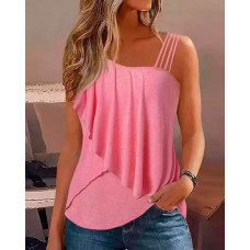 Asymmetrical Neck Ruched Wrap Tank Top - pink