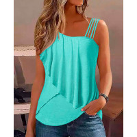 Asymmetrical Neck Ruched Wrap Tank Top - turquoise blue