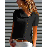 Asymmetrical Neck Short Sleeve Button Front Shirt - black