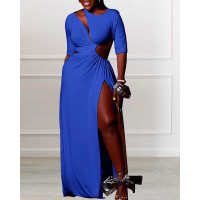 Asymmetrical Neck Slit Maxi Dress - blue