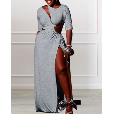 Asymmetrical Neck Slit Maxi Dress - gray