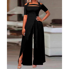 Asymmetrical Neck Wide Leg Jumpsuit - black