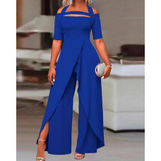 Asymmetrical Neck Wide Leg Jumpsuit - blue