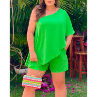 Asymmetrical One Shoulder Top & Pocket Design Shorts Set - lvs green