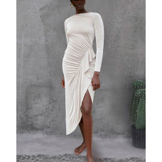 Asymmetrical Ruched Ruffle Hem Slit Midi Dress - beige