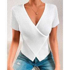 Asymmetrical Short Sleeve Wrap Top - white