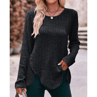 Asymmetrical Side Button Ribbed Top - black