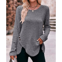 Asymmetrical Side Button Ribbed Top - gray