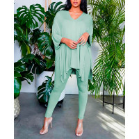 Asymmetrical Split Hem V-Neck Top & Pants Set - green