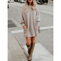 Autumn Solid Pocket Casual Dress - beige