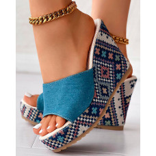 Aztec Geometric Peep Toe Platform Wedge Slippers Beach Sandals - blue